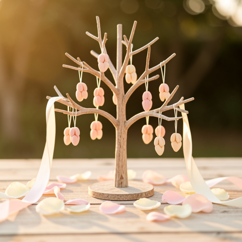 Présentoir en forme d’arbre à dragées, avec des branches chargées de dragées pastel, décoré de rubans et de pétales sur une table en bois clair, pour un mariage ou un baptême.