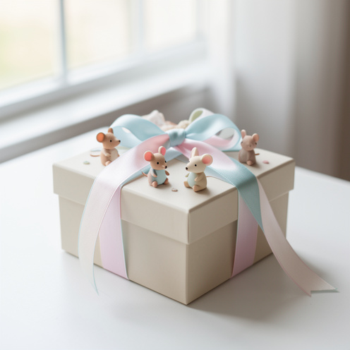 Boîte à dragées de baptême sur le thème souris, décorée de figurines mignonnes et de rubans pastel, posée sur une table avec une lumière naturelle douce.