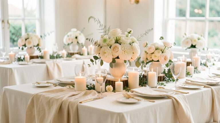 Décoration de cérémonie blanche élégante et chaleureuse avec fleurs ivoire, bougies, bois naturel et touches dorées.