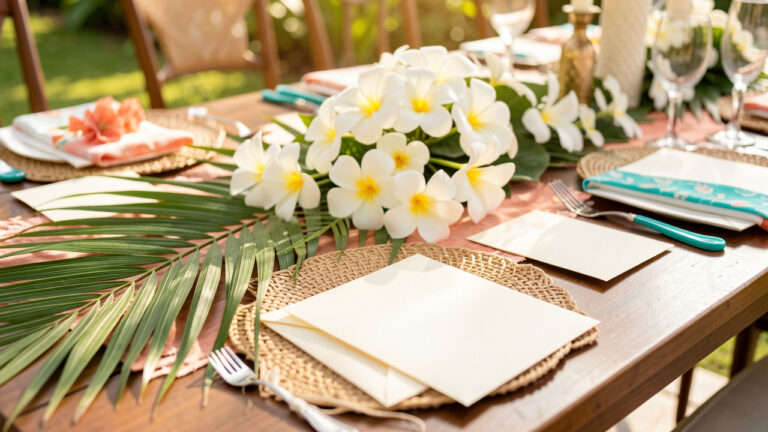 Papeterie et décoration élégantes pour une cérémonie à l’ambiance mauricienne, avec cartes vierges, fleurs de frangipanier, feuillage tropical et détails tressés.