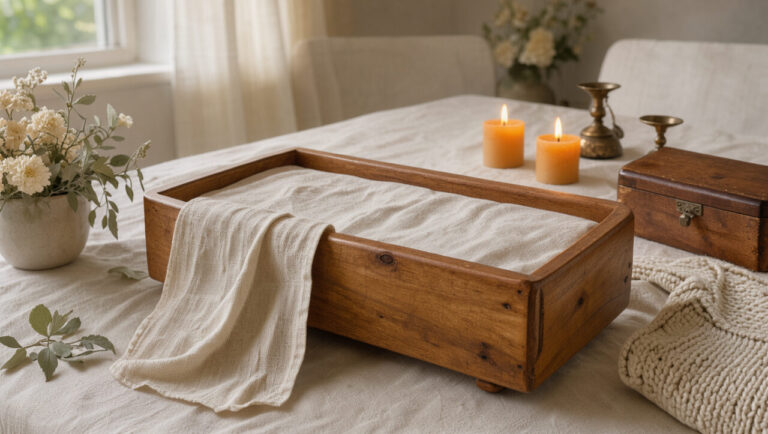 Décor de cérémonie tendre et intemporel avec berceau en bois, linge ivoire, fleurs crème, feuillage vert sauge et lumière chaleureuse.