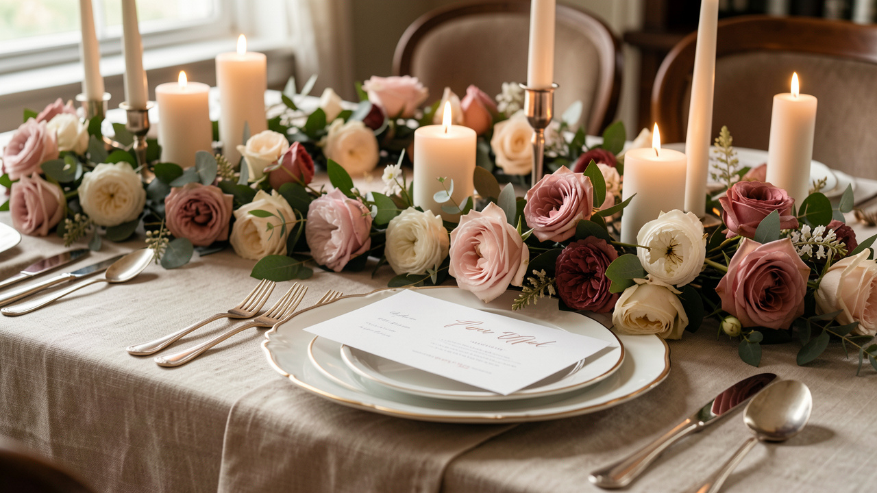 Table de célébration élégante avec faire-part, fleurs, bougies et décoration harmonisée par une palette de couleurs, lumière naturelle et style photographique réaliste.