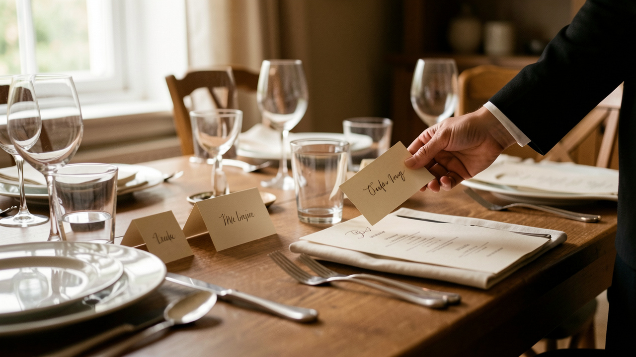Table dressée avec des menus et marque-places personnalisés, lumière naturelle chaleureuse et mains en train de placer les cartes près des assiettes.