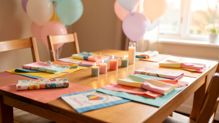 Supports de table personnalisés posés sur une table décorée pour un anniversaire ou une naissance, avec serviettes, bougies et ambiance festive aux tons pastel.
