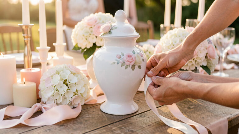 Urne de mariage blanche décorée, assortie à un thème pastel, posée sur une table de réception avec rubans satin, bougies et bouquets de fleurs.
