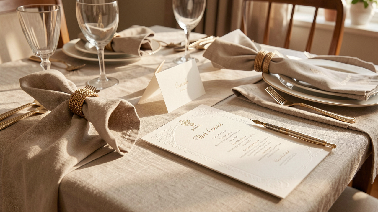 Table de réception élégamment dressée avec des accessoires de papeterie assortis au thème de l’événement : porte-cartes, menus et anneaux de serviettes, éclairage naturel chaud, détails nets du papier et du tissu.