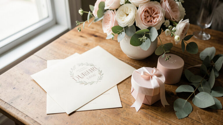 Vue en léger surplomb d’éléments de cérémonie assortis sur une table en bois : enveloppe élégante, décoration florale harmonieuse et contenants de fête coordonnés, dans des tons ivoire, rose doux et vert sauge.