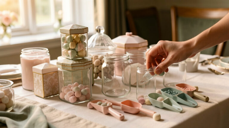 Table élégamment décorée avec des contenants à dragées vides, disposés en harmonie avec un thème pastel, sous une lumière naturelle douce.