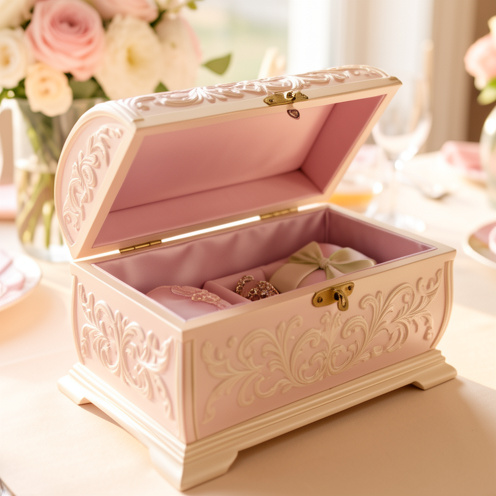 Coffre urne décoratif élégant pour recueillir des souvenirs, avec fente d’insertion et finitions pastel, photographié en lumière naturelle sur une table.