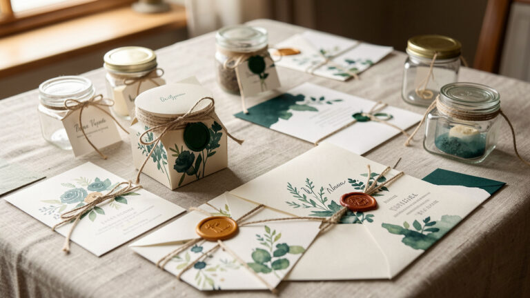 Mise en scène réaliste de papeterie et de contenants de cérémonie personnalisés, sur une table en lin, avec motifs et détails harmonisés, lumière naturelle douce et textures visibles.