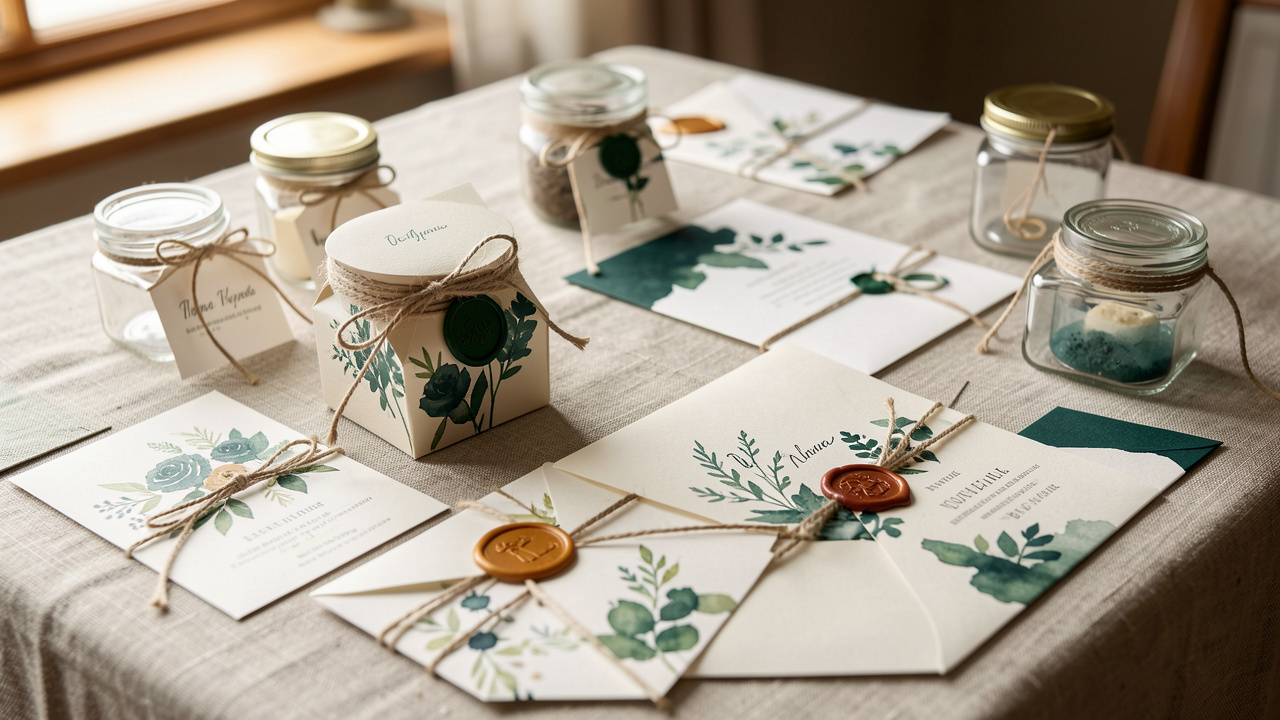 Mise en scène réaliste de papeterie et de contenants de cérémonie personnalisés, sur une table en lin, avec motifs et détails harmonisés, lumière naturelle douce et textures visibles.
