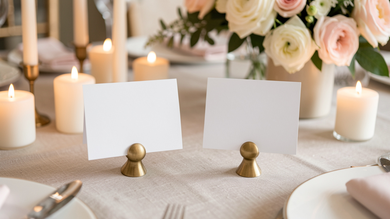 Mise en place élégante d’une table de réception avec des porte-marque-places et des supports de numéros de table vierges, éclairage chaleureux et fleurs fraîches.