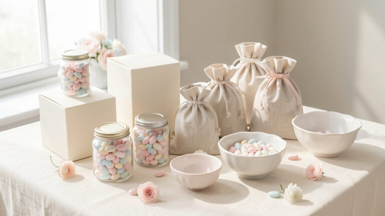 Assortiment de contenants à dragées pour un baptême, comprenant des petits pots en verre, des boîtes ivoire, des pochons en lin et des coupelles en céramique dans des tons pastel.