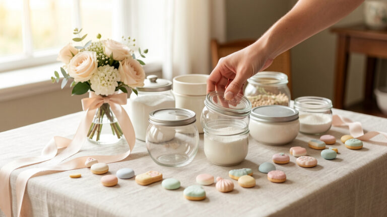 Plateau en lin clair avec des contenants élégants en verre et céramique, rubans pastel et bouquet, disposés avec soin selon le thème d’un mariage, d’un baptême ou d’une naissance.
