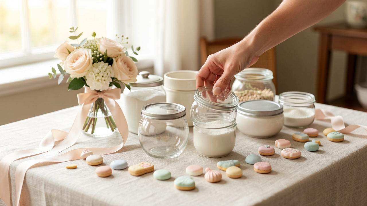 Plateau en lin clair avec des contenants élégants en verre et céramique, rubans pastel et bouquet, disposés avec soin selon le thème d’un mariage, d’un baptême ou d’une naissance.