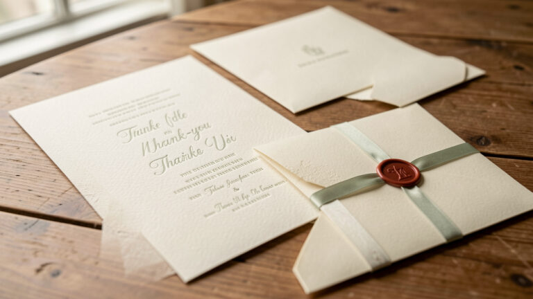 Ensemble de papeterie de cérémonie harmonieuse, avec une invitation, des cartes de remerciements, des enveloppes crème et un sceau à la cire, disposés sur une table en bois sous une lumière naturelle douce.