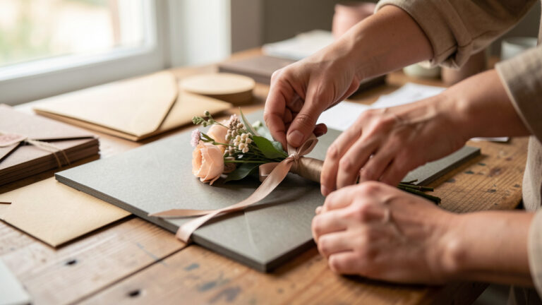 Mains en train de composer une papeterie de cérémonie saisonnière sur une table en bois, avec cartes texturées, enveloppes et ruban, lumière naturelle douce et détails du papier.