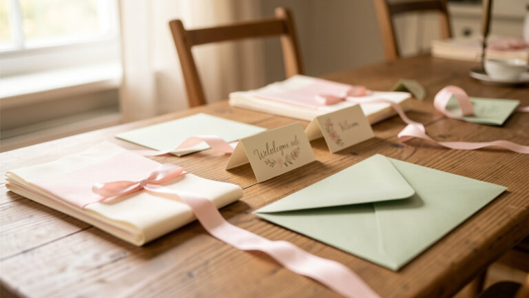 Table dressée avec une papeterie de table assortie pour un baptême, une naissance ou un anniversaire : serviettes en papier, cartes et enveloppes aux couleurs pastel harmonieuses.
