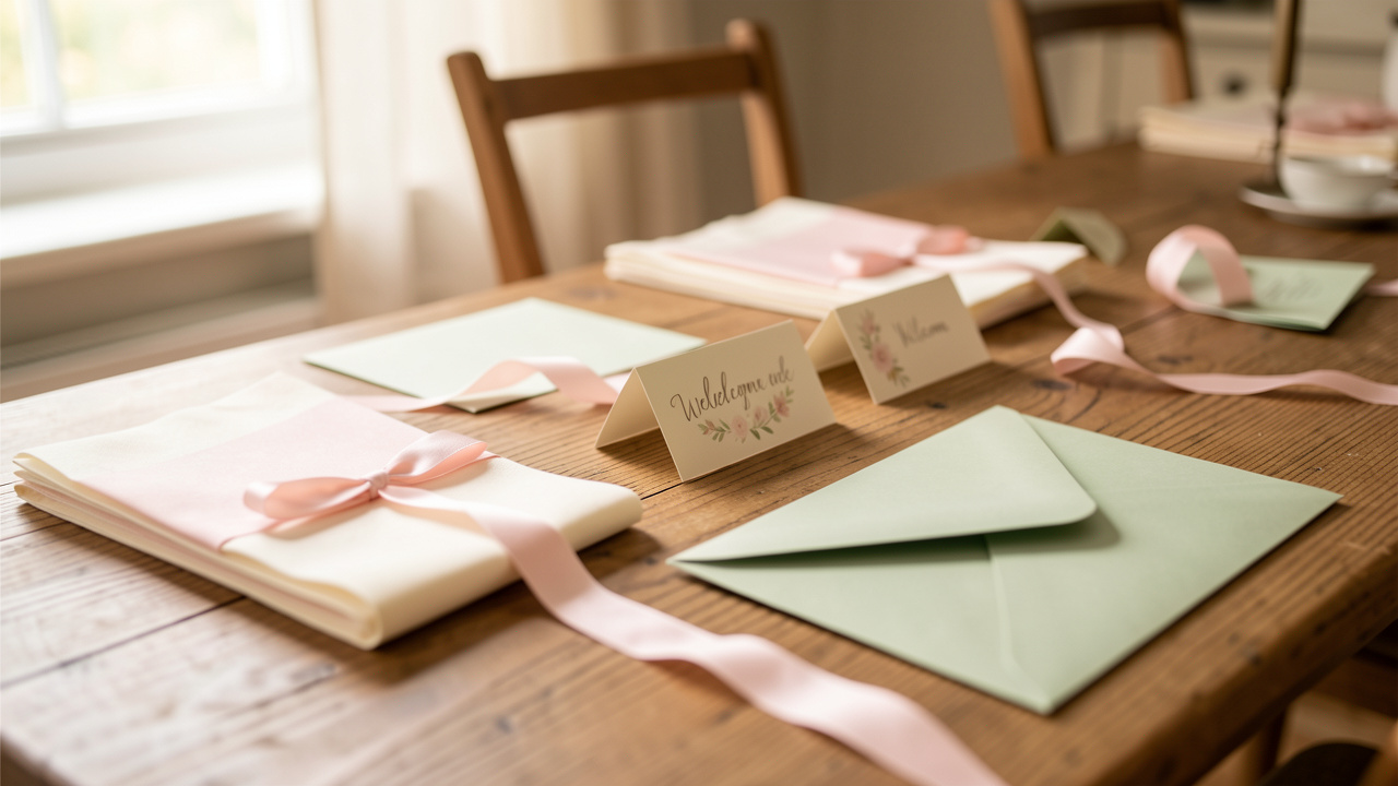 Table dressée avec une papeterie de table assortie pour un baptême, une naissance ou un anniversaire : serviettes en papier, cartes et enveloppes aux couleurs pastel harmonieuses.