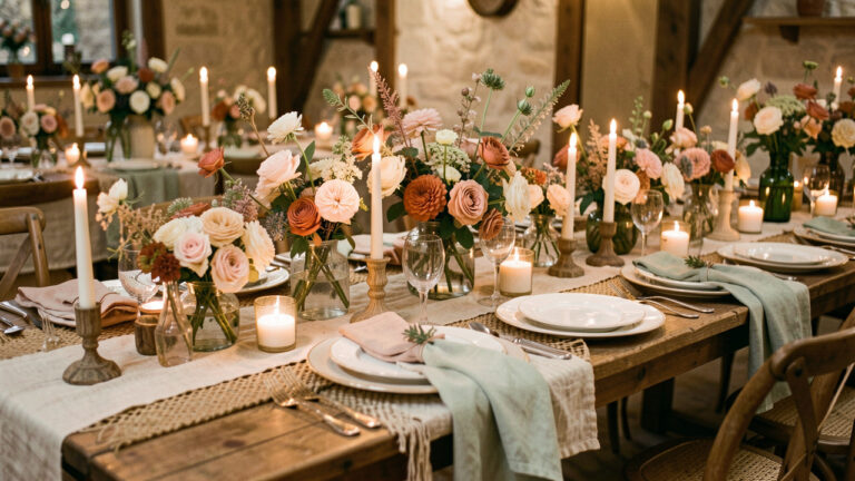 Décoration de table de mariage personnalisée dans des tons doux et chaleureux, avec fleurs, bougies, linge naturel et détails en bois.