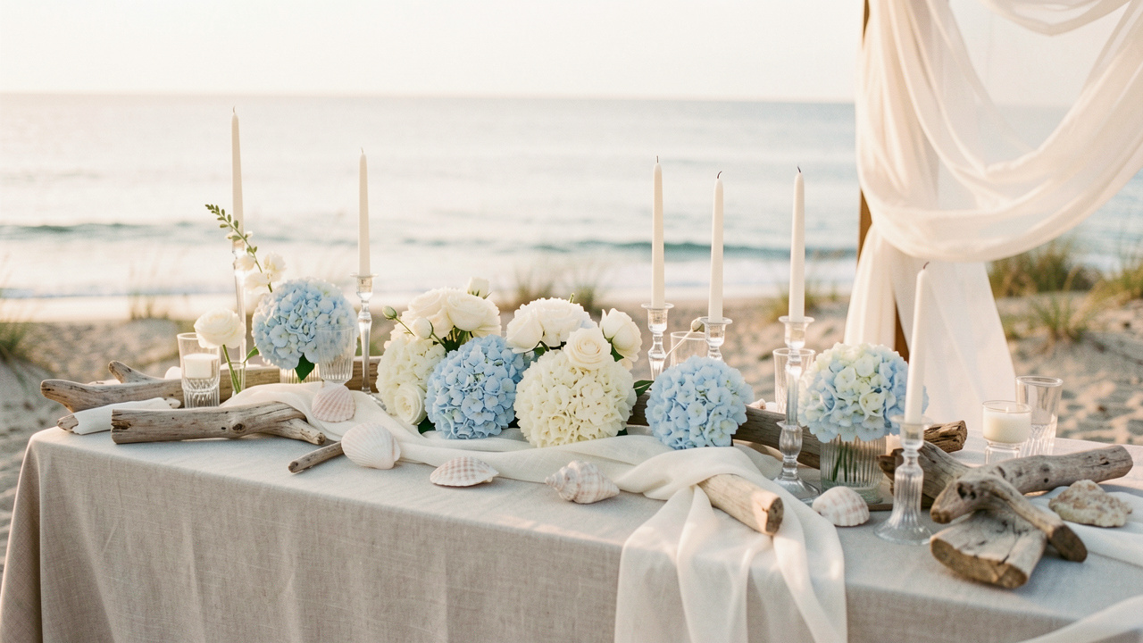 Décoration de mariage élégante inspirée du littoral, avec fleurs ivoire, hortensias bleu pâle, bois flotté, coquillages et bougies sur une table raffinée.