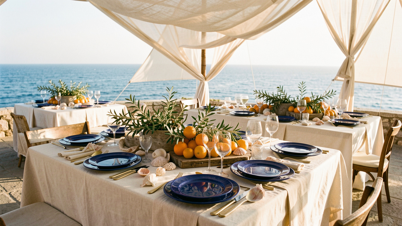 Décoration de réception de mariage élégante inspirée d’une odyssée méditerranéenne, avec linge ivoire, vaisselle bleue, branches d’olivier, agrumes, coquillages et bois patiné sur une terrasse côtière baignée de lumière.