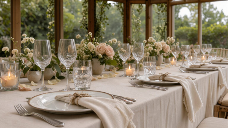 Décoration de table de mariage personnalisée, élégante et intemporelle, avec fleurs crème, roses poudrées, vaisselle raffinée et bougies dans une ambiance romantique.