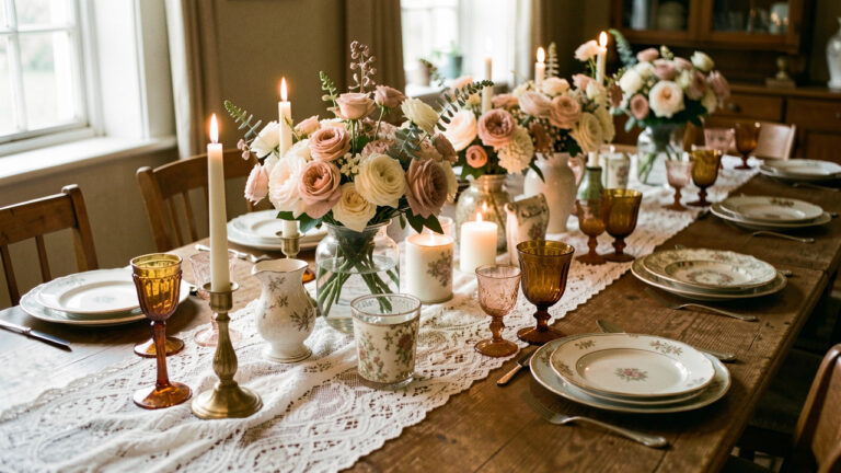 Décoration de mariage personnalisée au charme rétro, avec fleurs pastel, vaisselle vintage, bougies et table conviviale en bois.