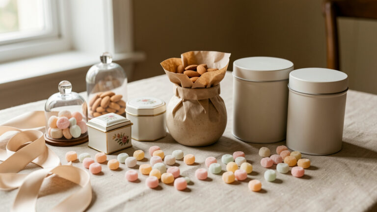 Photo réaliste d’une table en lin avec plusieurs contenants de mariage originaux et des dragées pastel, avec rubans satin, sous une lumière douce de fenêtre.