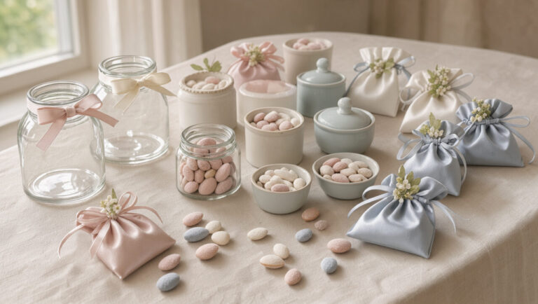Présentation élégante de dragées pastel dans des contenants raffinés décorés de rubans et de petites fleurs pour un baptême.