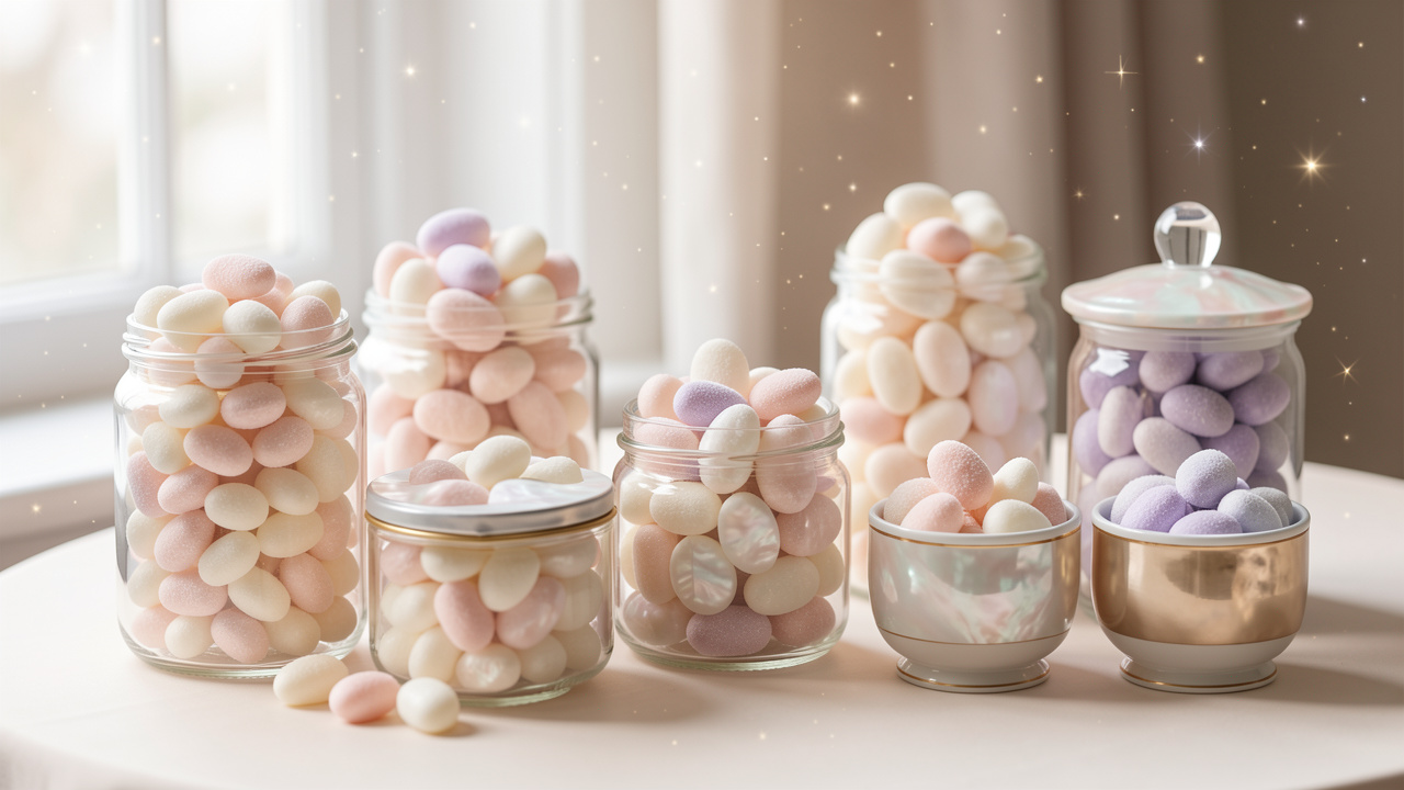 Assortiment élégant de dragées pastel présenté dans des bocaux en verre, des écrins nacrés et de petits contenants en porcelaine, dans une ambiance douce et raffinée.