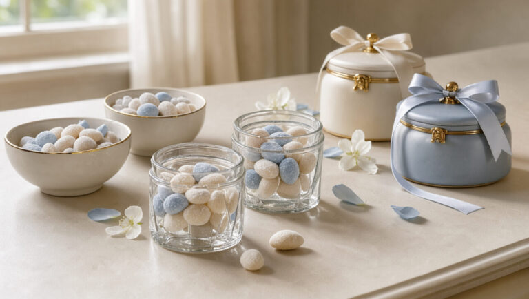 Composition élégante de dragées pastel présentées dans des contenants raffinés en verre et en céramique, avec des rubans bleu pâle et crème sur une table de baptême.