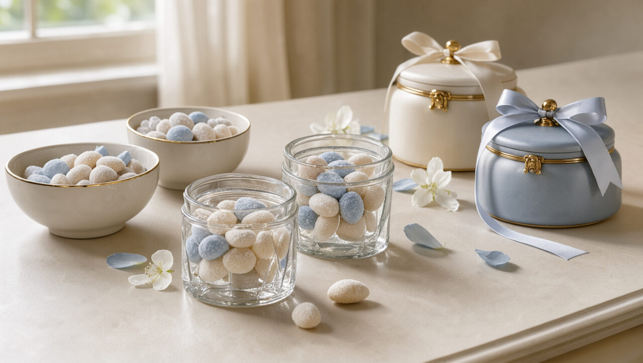 Composition élégante de dragées pastel présentées dans des contenants raffinés en verre et en céramique, avec des rubans bleu pâle et crème sur une table de baptême.