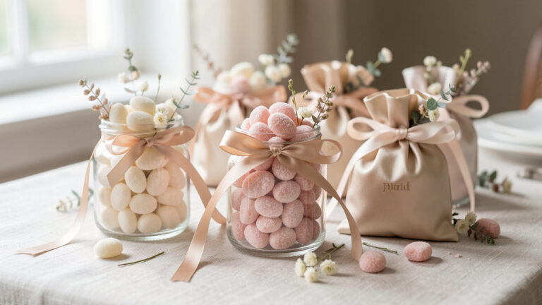 Dragées délicates dans de petits contenants en verre et pochettes satinées, décorés de rubans fins et de feuillages sur une table en lin clair.