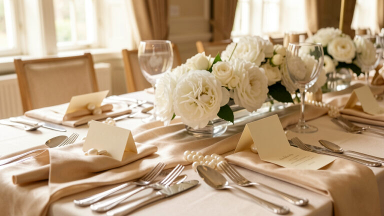 Décoration de table de cérémonie élégante et personnalisée, avec fleurs blanches, linge ivoire, détails dorés et lumière douce.