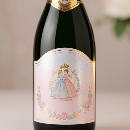 Gros plan d’une bouteille de champagne élégante avec une étiquette personnalisée au thème de la princesse pour un baptême, tons pastel et reflets dorés, éclairage doux et arrière-plan flou.