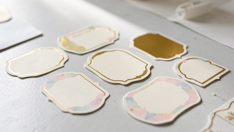 Photo rapprochée d’étiquettes décoratives pour dragées, de différentes formes et finitions, disposées sur une table sous une lumière naturelle, avec un arrière-plan minimal.