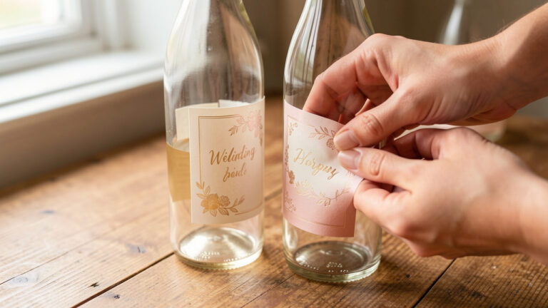 Gros plan de bouteilles en verre de mariage sur une table en bois, avec des étiquettes décoratives appliquées avec soin, lumière naturelle et détails floraux en relief.