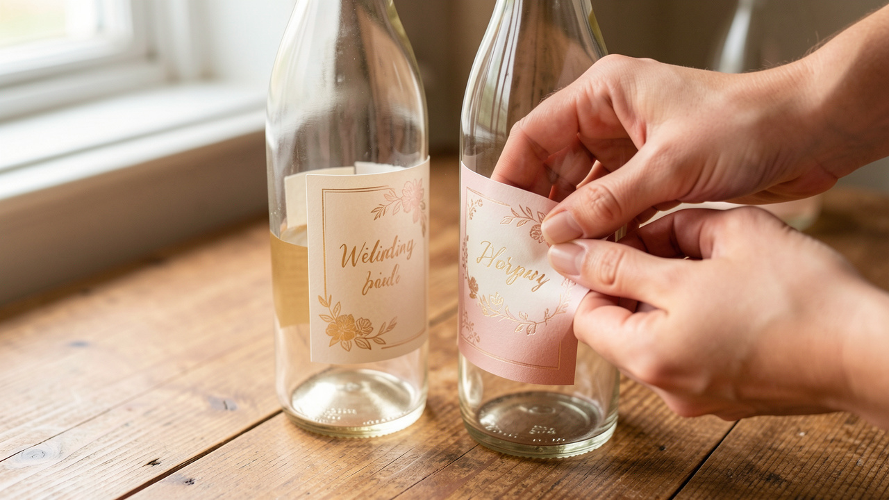 Gros plan de bouteilles en verre de mariage sur une table en bois, avec des étiquettes décoratives appliquées avec soin, lumière naturelle et détails floraux en relief.