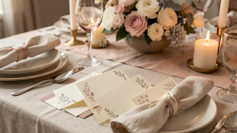 Étiquettes vierges élégantes disposées autour d’une table de fête harmonieuse, avec papeterie crème, rubans délicats, vaisselle raffinée, bougies et fleurs dans des tons doux.