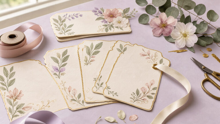 Ensemble d’étiquettes décoratives vierges aux tons lavande, crème et pastel, ornées de fleurs délicates, de rubans satinés et de détails dorés sur un bureau élégant.