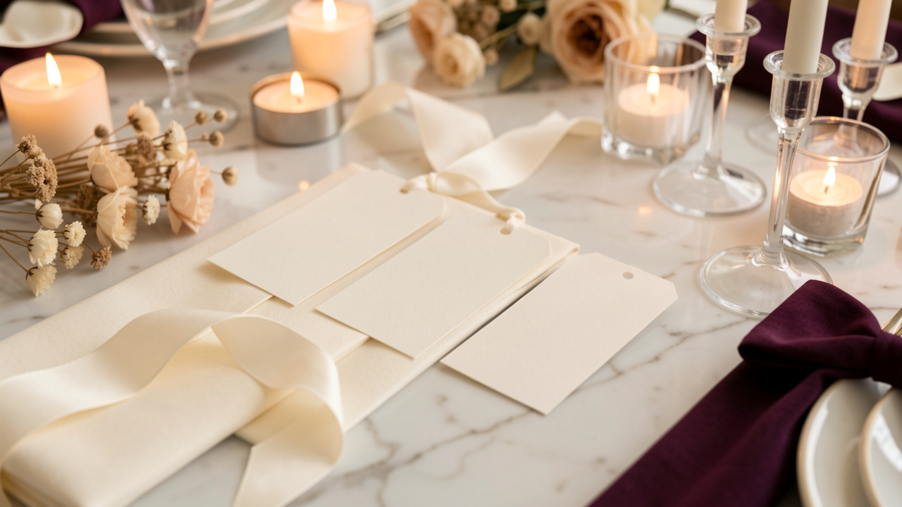 Étiquettes vierges élégantes disposées avec de la papeterie crème, des rubans ivoire, des fleurs séchées et des bougeoirs en verre sur une table en marbre.