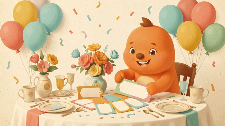 Mascotte orange fantaisie entourée d’étiquettes de fête vierges et d’une décoration rétro aux couleurs pastel.