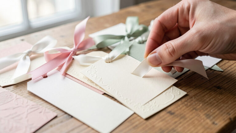 Étiquettes décoratives de cadeaux d’invités sur une table en bois, avec des rubans et un geste en train d’attacher une étiquette vierge sous une lumière naturelle douce.