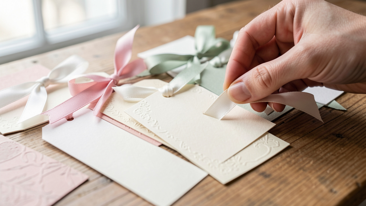 Étiquettes décoratives de cadeaux d’invités sur une table en bois, avec des rubans et un geste en train d’attacher une étiquette vierge sous une lumière naturelle douce.