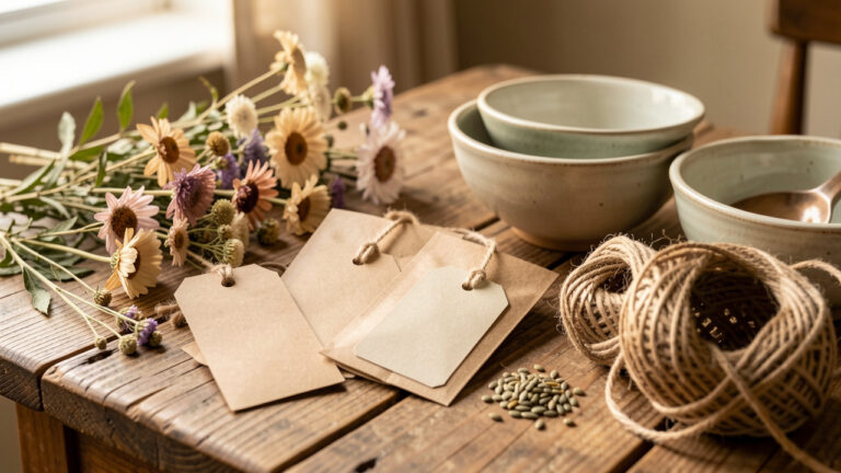 Sachets en papier kraft décorés d’étiquettes botaniques vierges, entourés de fleurs séchées et de ficelle sur une table en bois.