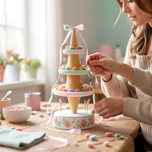 Sur une table de bricolage, une femme fabrique un arbre à dragées en fixant des dragées colorées sur un cône en mousse, avec rubans et base décorative, dans une ambiance festive et chaleureuse.