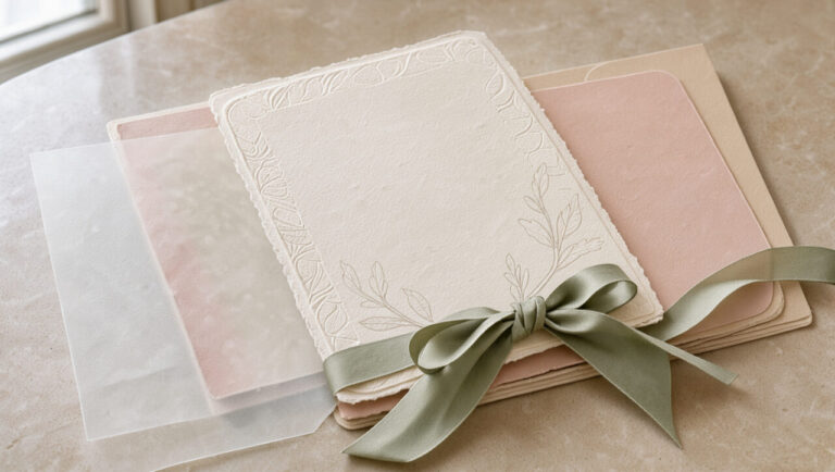 Composition élégante de papeterie de mariage aux tons ivoire, rose poudré, sauge et beige, avec papiers aux bords arrondis, ruban de soie, calque translucide et détails botaniques délicats.