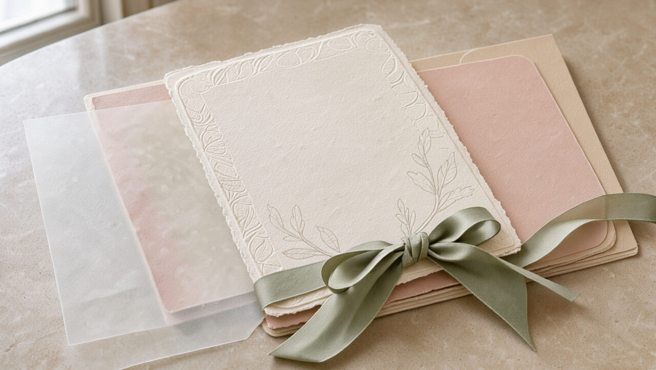 Composition élégante de papeterie de mariage aux tons ivoire, rose poudré, sauge et beige, avec papiers aux bords arrondis, ruban de soie, calque translucide et détails botaniques délicats.
