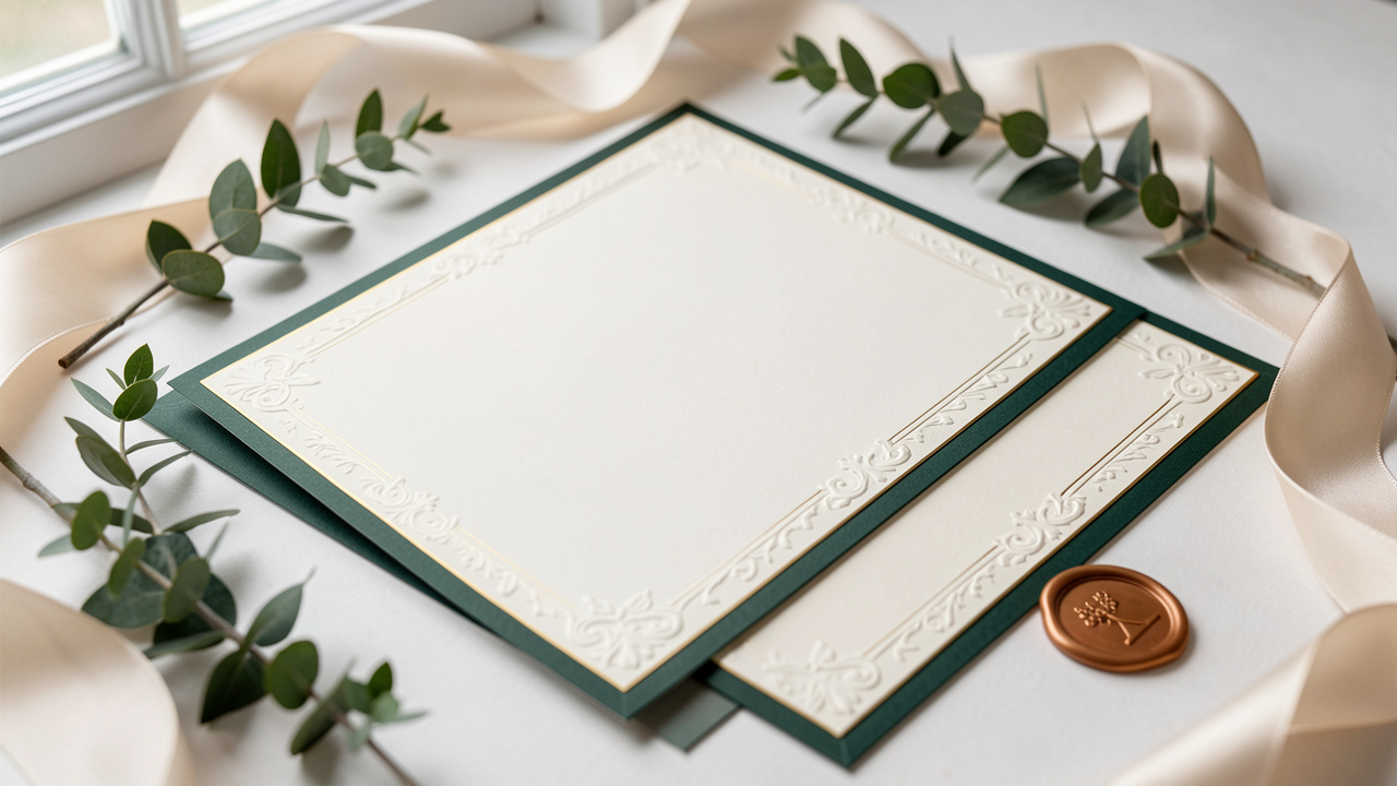 Composition élégante de cartes d’invitation de mariage vierges, décorées de papier ivoire, de détails vert profond et dorés, d’un ruban de soie et de feuillages.